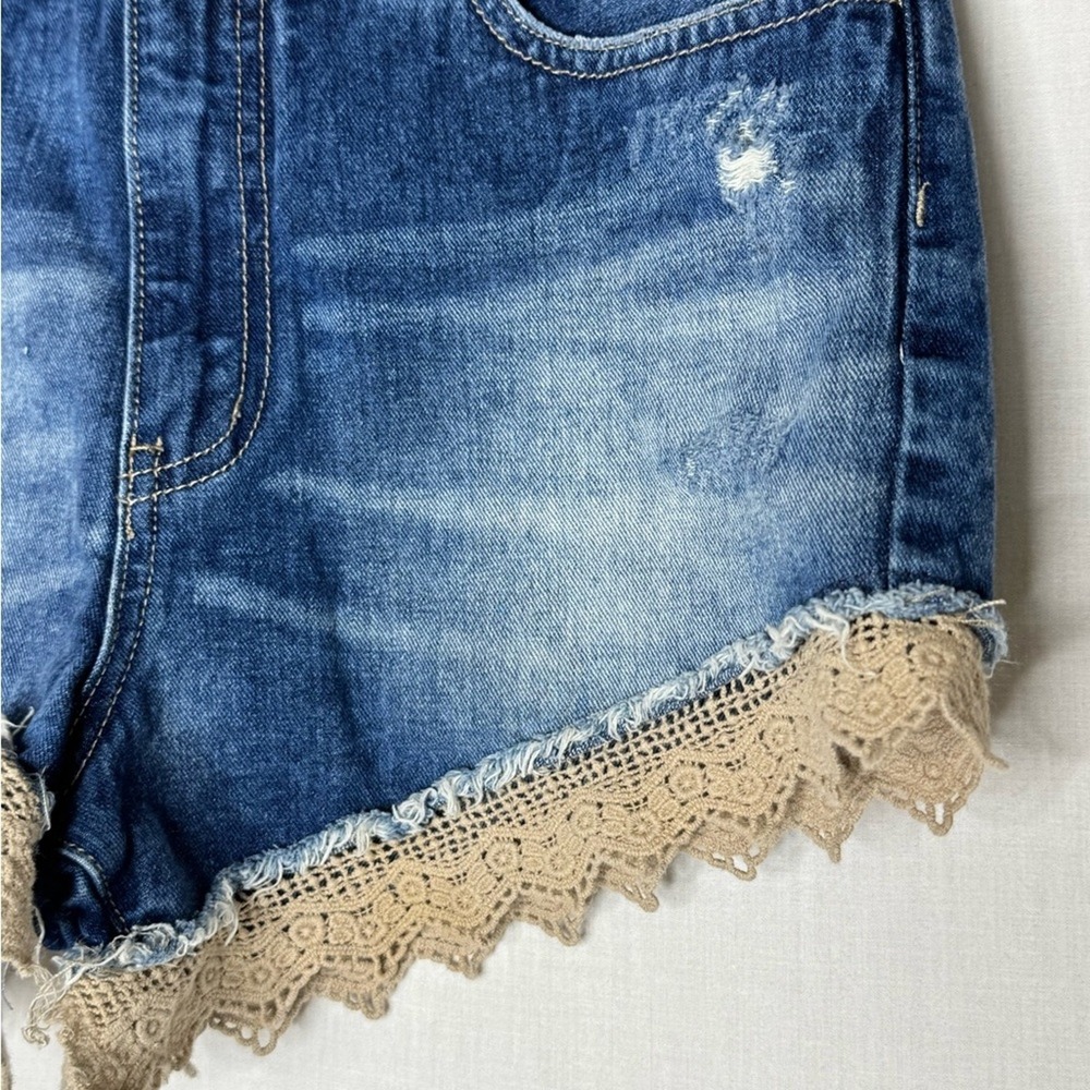 Free People Blue Denim Lace Trim Jean Shorts - Picture 3 of 10